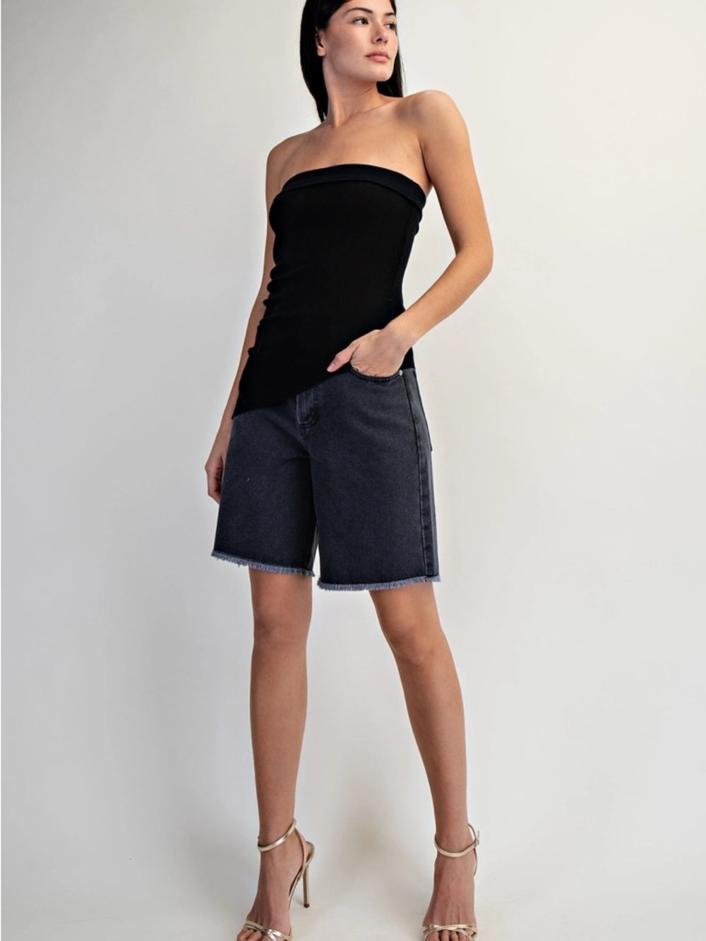 High-Waist Black Denim Longline Shorts